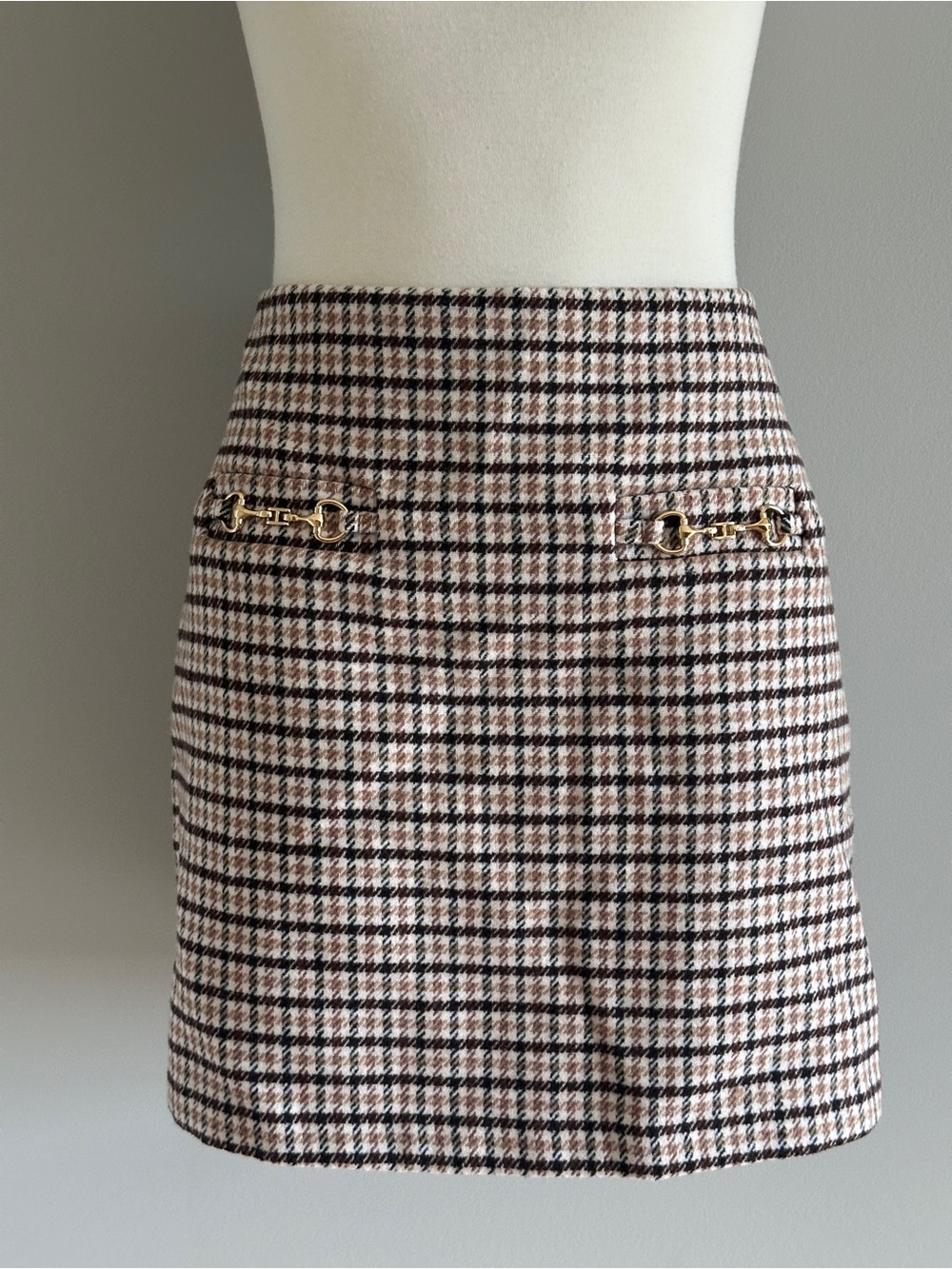 LOFT Plaid Tweed Mini Skirt with Gold Chain Accents - Brown/Black/White
